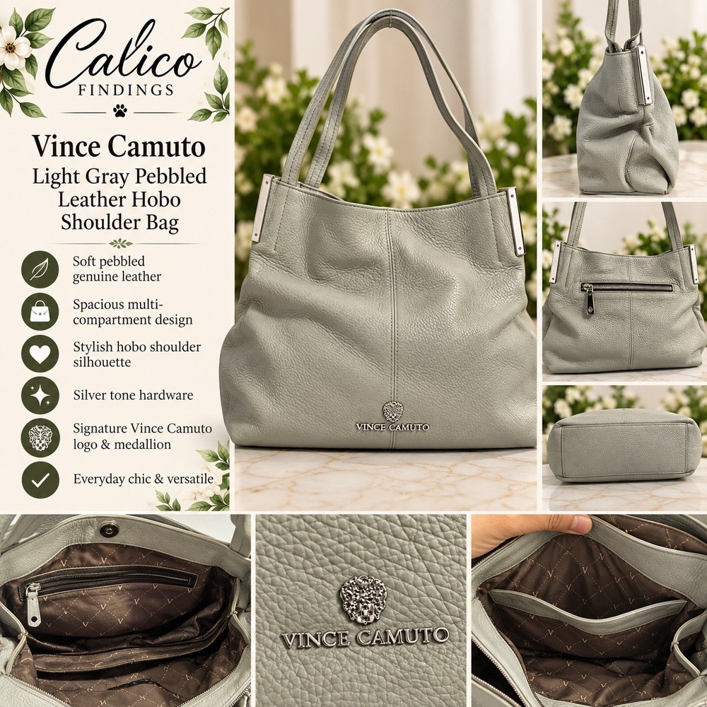 Vince Camuto Light Gray Pebbled Leather Hobo Shoulder Bag Silver Hardware